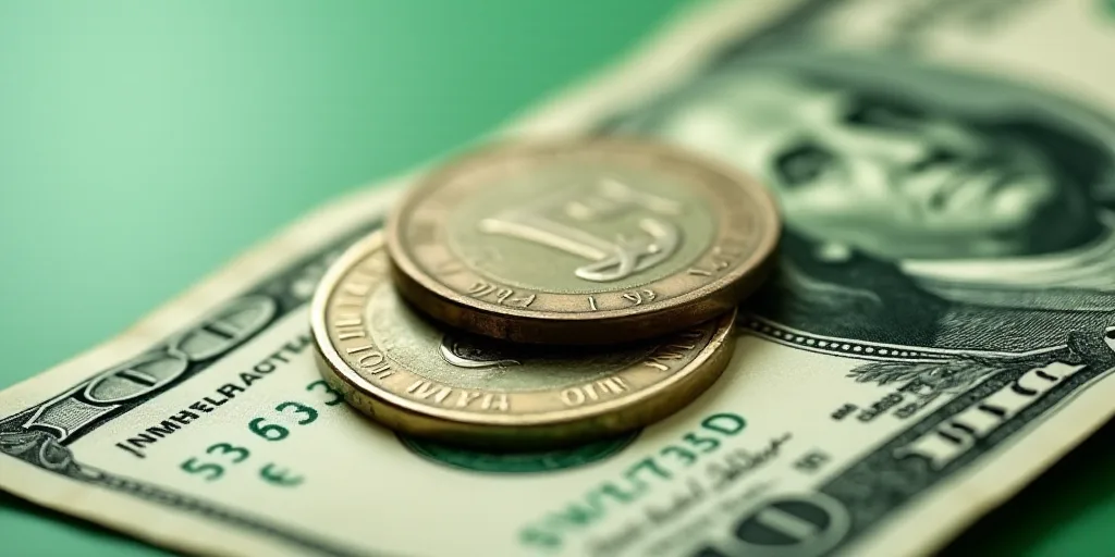 a close up of a one dollar bill with a coin on top of it and a green and white background, Aquirax U