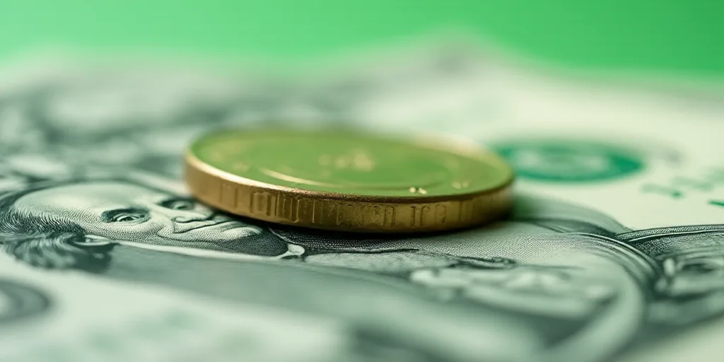 a close up of a one dollar bill with a coin on top of it, with a green and white background, Aquirax