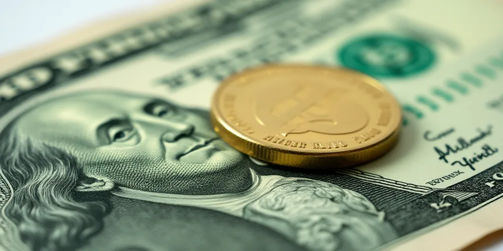 a close up of a one dollar bill with a coin on top of it and a green and white one dollar bill, Aqui
