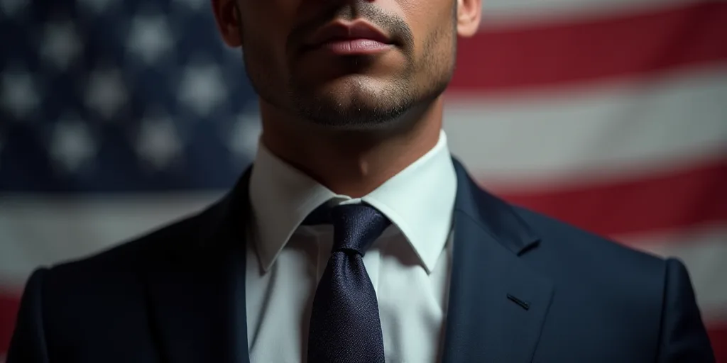 a close up of a person wearing a suit and tie with an american flag in the background and a person i
