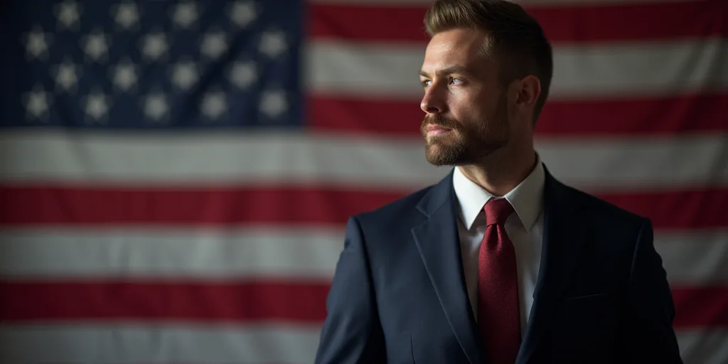 a close up of a person wearing a suit and tie with an american flag in the background and a person i