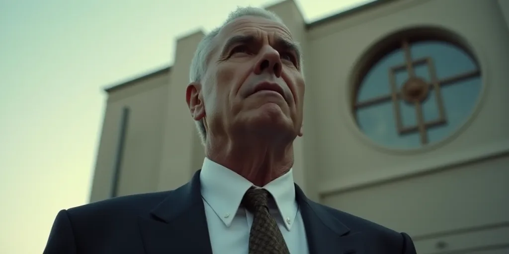 a close up of a person wearing a suit and tie with a building in the background and a circular windo