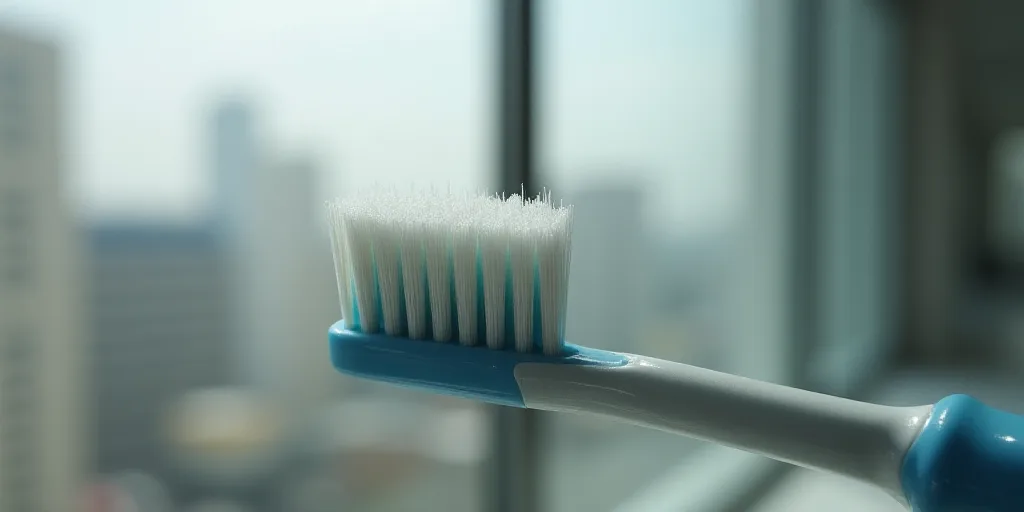 a close up of a toothbrush with a blurry background of a building and a window in the background, Ak