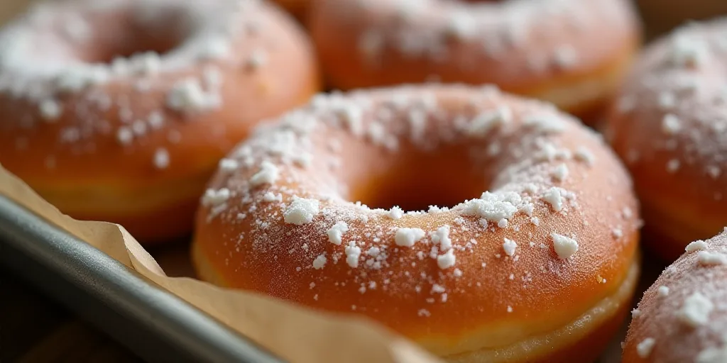 a close up of a tray of doughnuts with sugar on them and sprinkled with icing, Eve Disher, professio