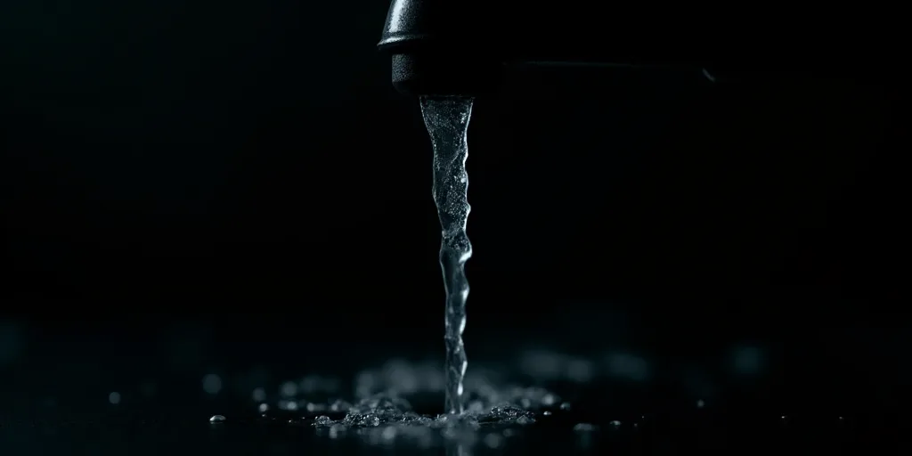 a close up of a water faucet with water running from it's spout and a black background, Andries Stoc