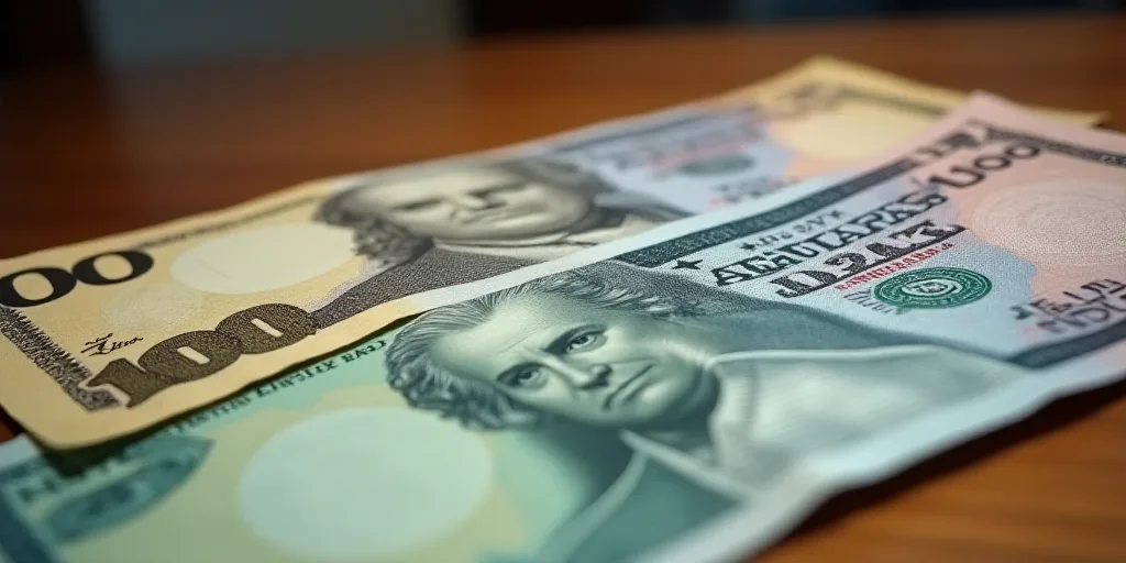 a close up of two different bills on a table with a wooden surface in the background, one of which i