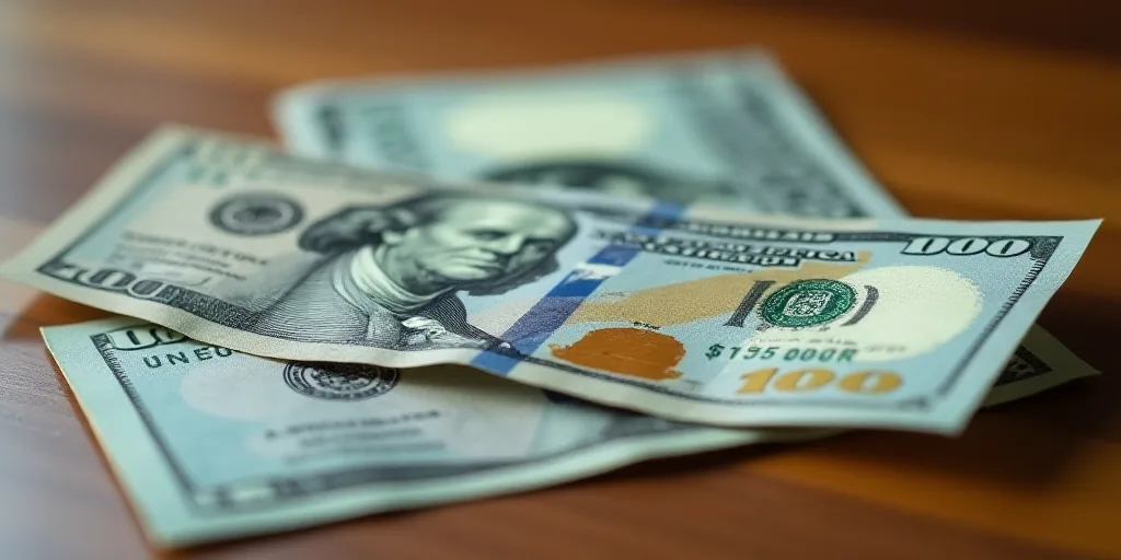 a close up of two different bills on a table with a wooden surface in the background, one of which i
