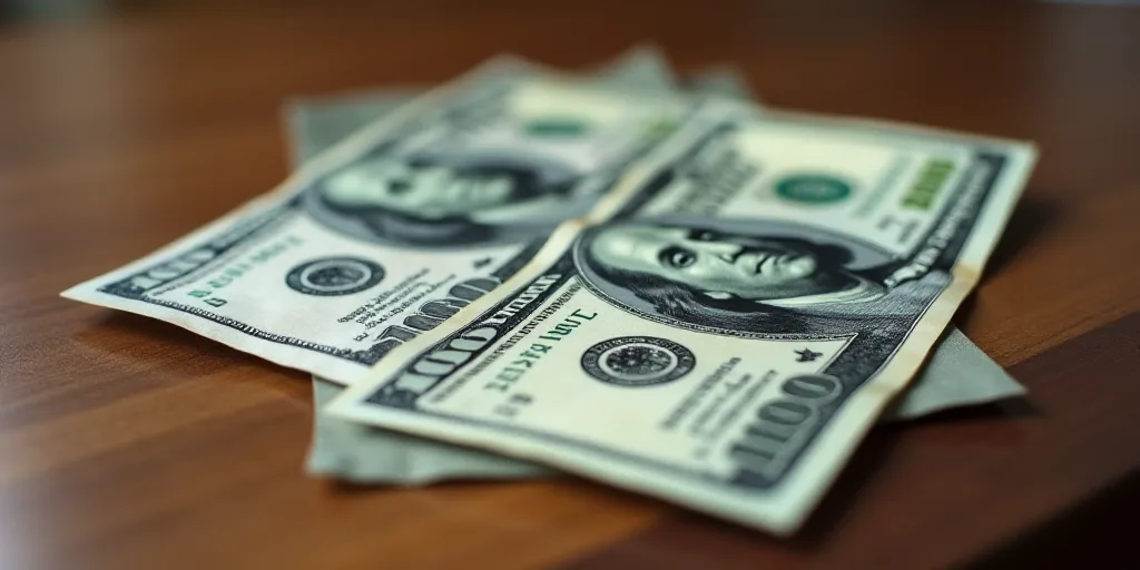 a close up of two different bills on a table with a wooden surface in the background, one of which i