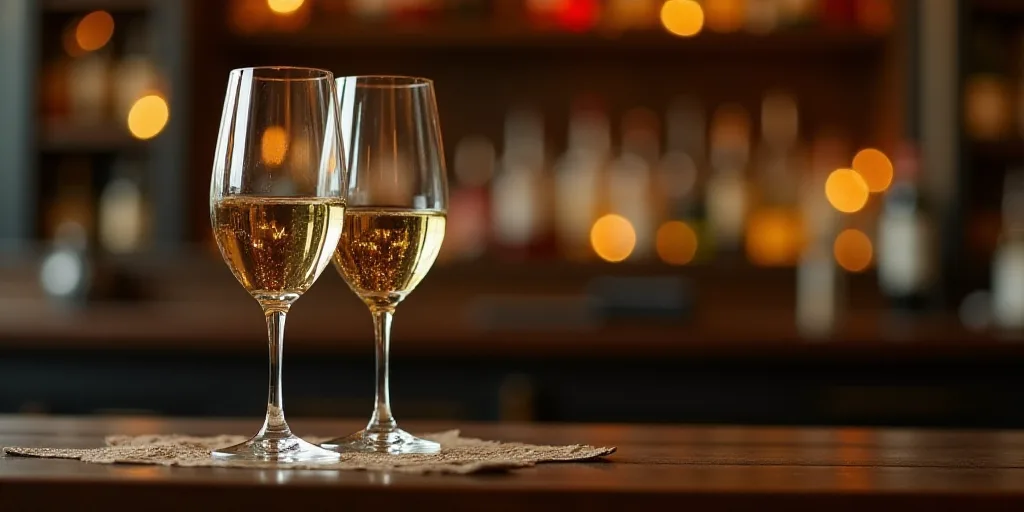 a close up of two wine glasses on a table with a bar in the background and a blurry image of a bar,