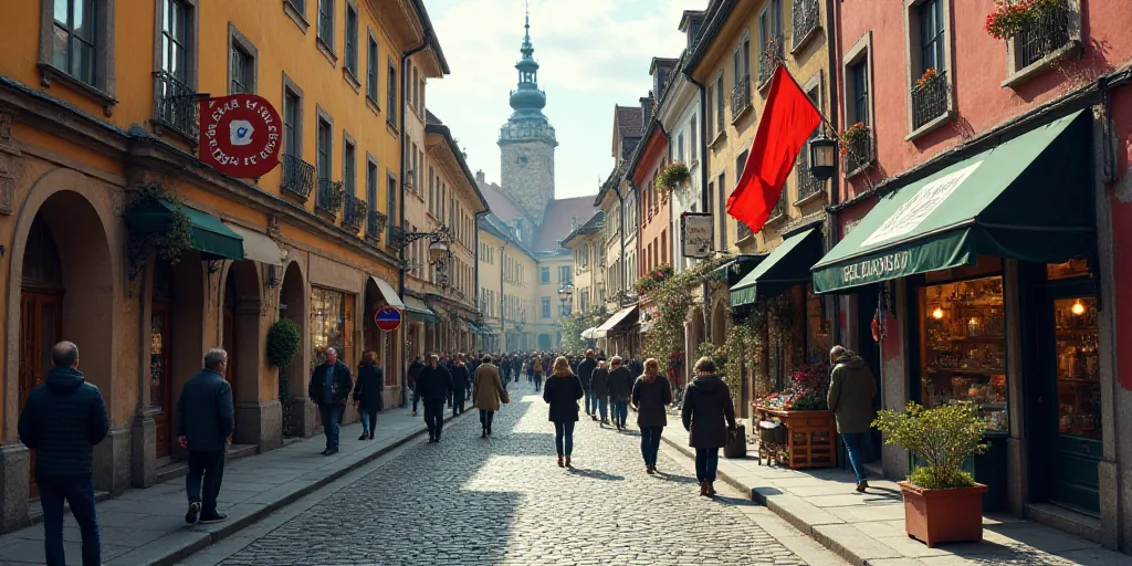 a cobblestone street with people walking and shops on it and a flag hanging from the building on the