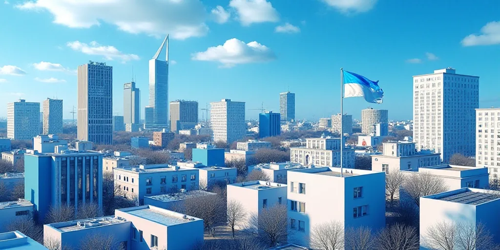 a collage of a city with a blue sky and a blue and white flag and a blue and white building, Carlos