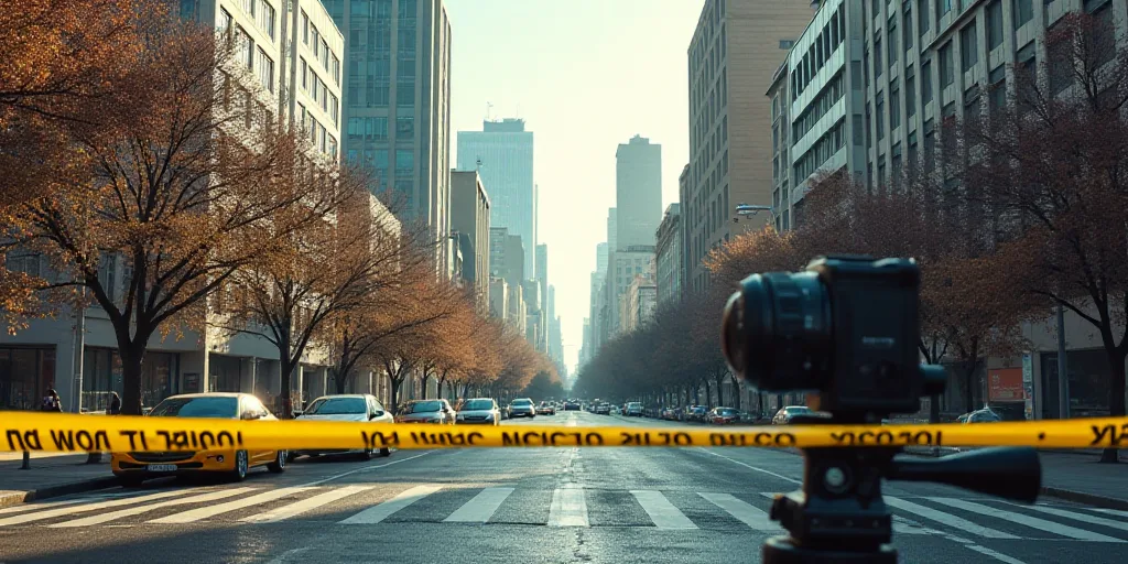 a collage of a city with a camera and a car in the background and a police tape across the street, E