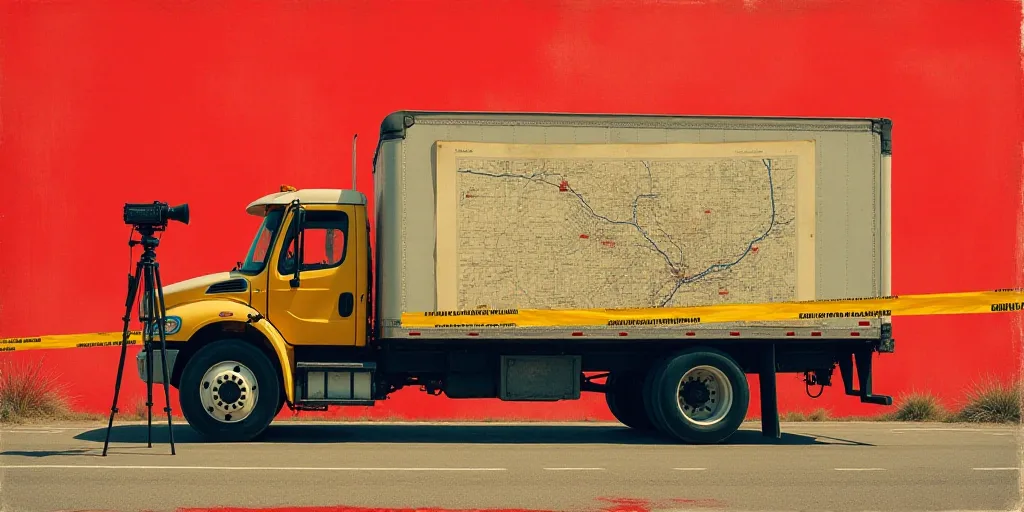 a collage of a map, a camera, and a truck with a red background and a line of police tape, Eddie Men