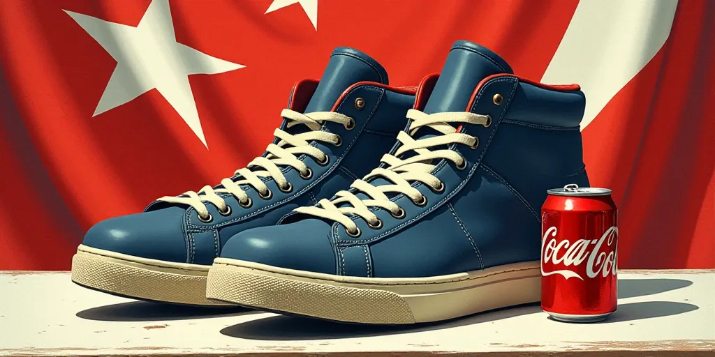 a collage of a pair of shoes and a can of soda on a table with a flag in the background, Amir Zand,