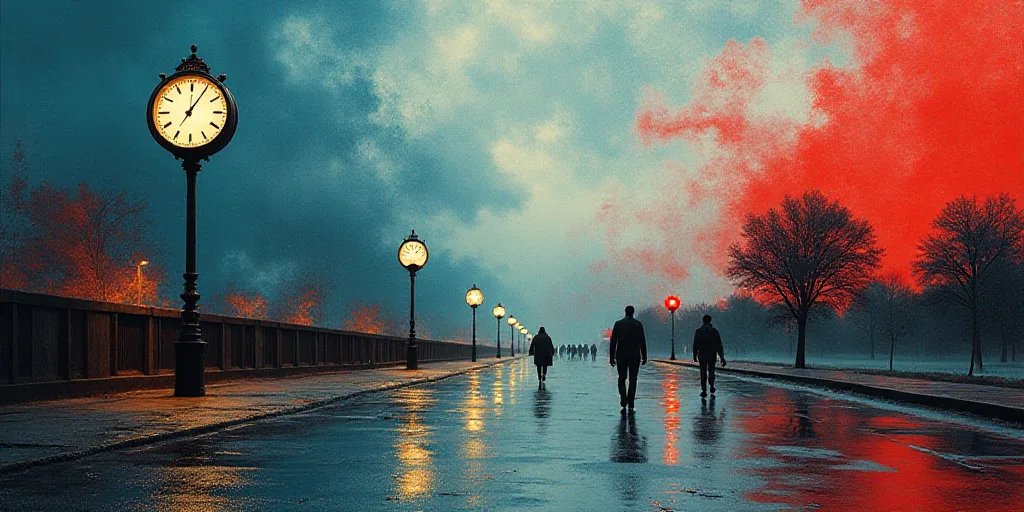 a collage of images with a clock and people walking on a street and a red and blue background, Chris