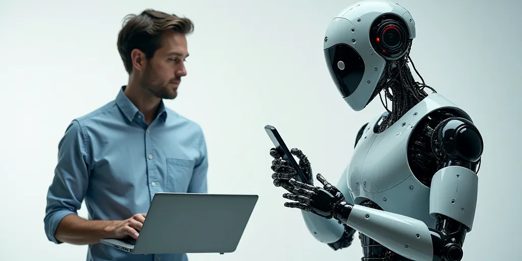 a collage of images with a man holding a laptop and a robot holding a phone and a computer, Ai-Mitsu