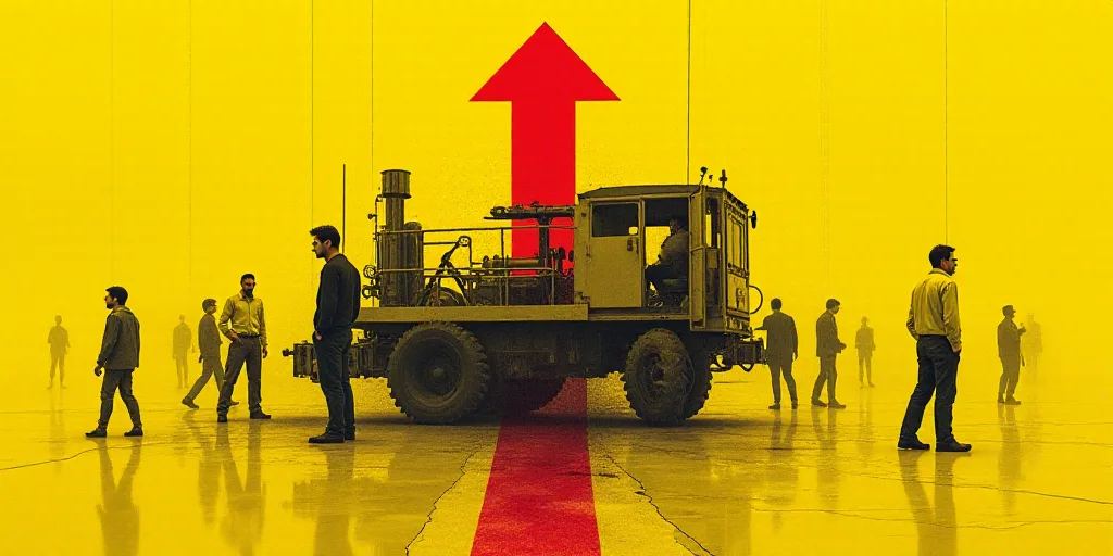 a collage of people and a machine with a red arrow in the center of the image and a yellow backgroun