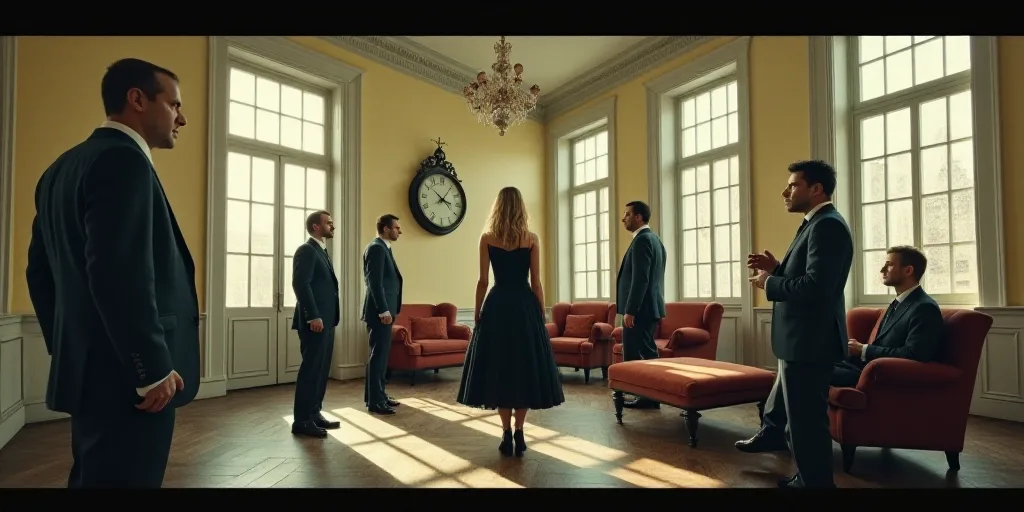 a collage of people in a room with a clock and a woman in a black dress and a man in a suit, Araceli