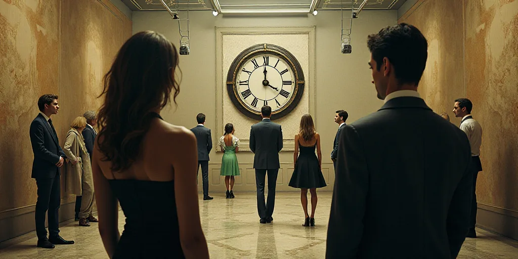 a collage of people in a room with a clock and a woman in a black dress and a man in a suit, Araceli