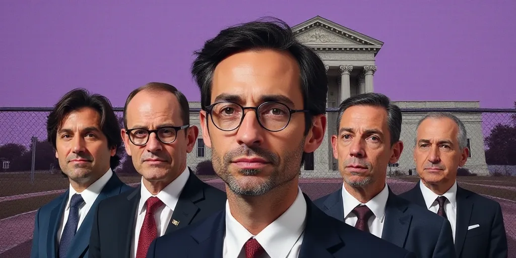 a collage of people in business attire and ties on a court with a building in the background and a p