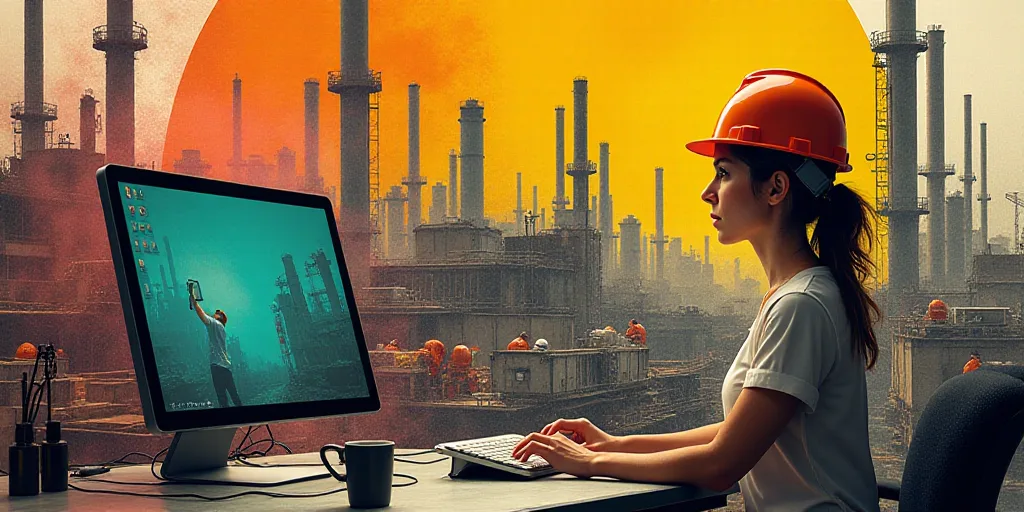 a collage of people working and working in a factory and a woman in a hard hat is standing in front