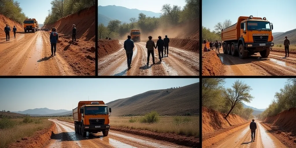 a collage of photos of people and trucks in the mud and dirt and a road with a truck and people stan