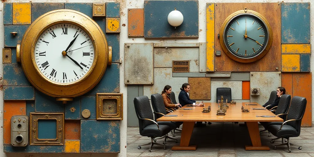a collage of photos with a clock and people in the background and a photo of a meeting room, Aquirax