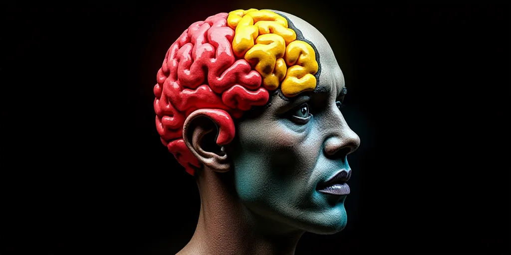 a colorful image of a human head with a brain highlighted in red and yellow colors, with a black bac