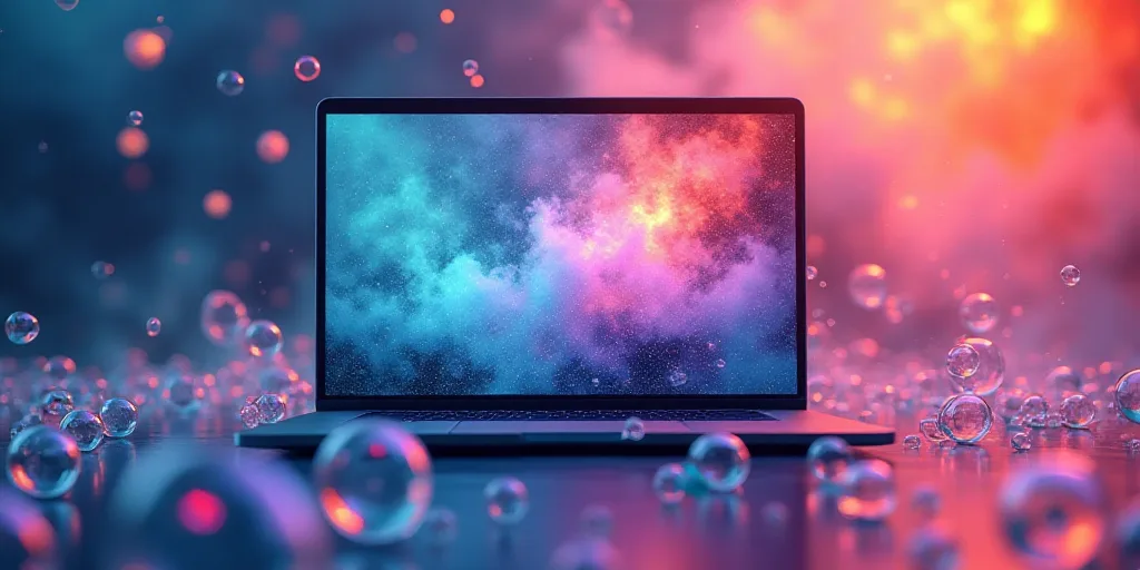 a colorful picture with a bunch of bubbles floating in the air and a laptop in the background with a