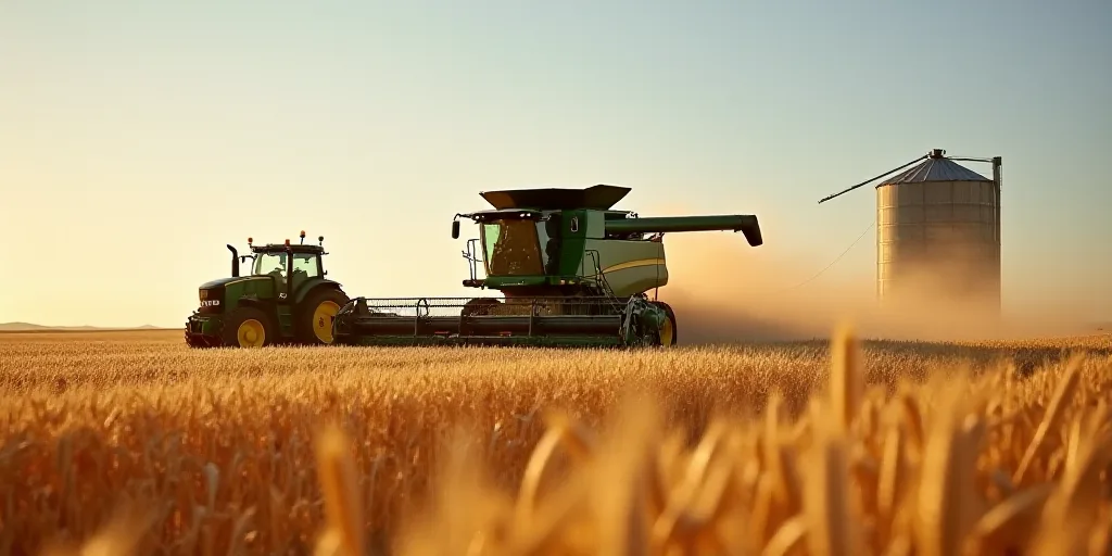a combine of grain being harvested in a field with a tractor behind it and a grain silo in the backg