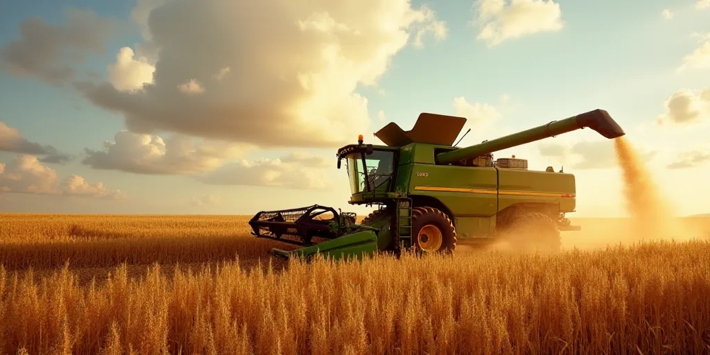 a combine of grain being loaded onto a truck by a machine in a field of corn on a sunny day, Corneli