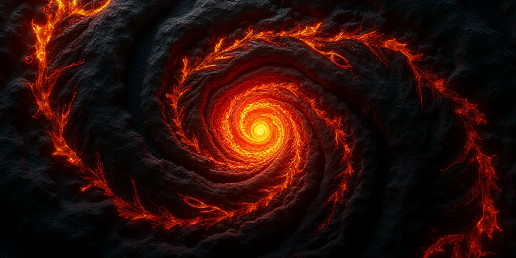 a computer generated image of a black and orange background with a red and yellow swirl in the cente