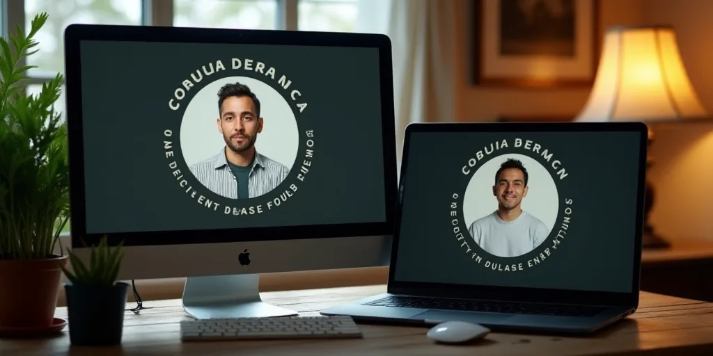 a computer screen with a logo on it and a man in the background on the screen and a laptop, Carlos E