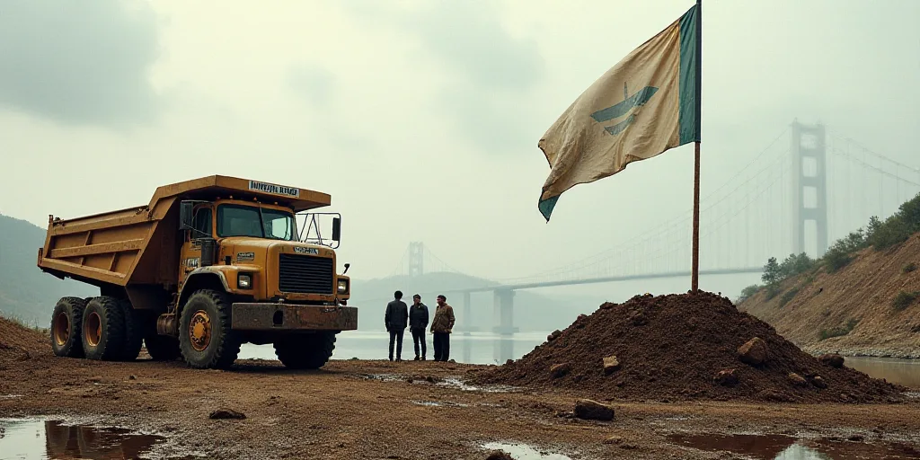 a construction site with a truck and a flag in the mud and people standing around it and a bridge in