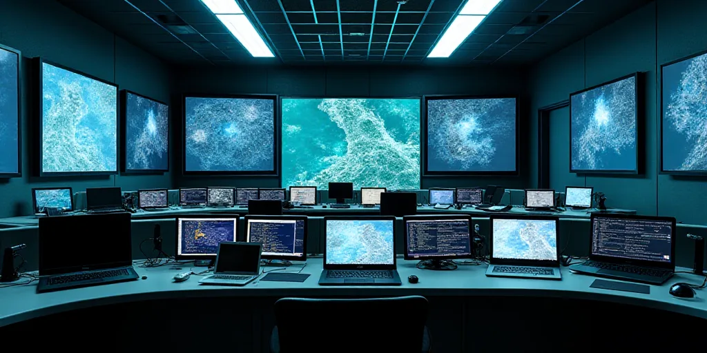 a control room with multiple monitors and laptops on the desks and on the wall of control rooms, Edi