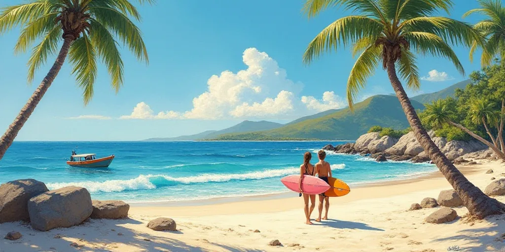 a couple of people on a beach with a surfboard and a boat in the background with palm trees, Bascove