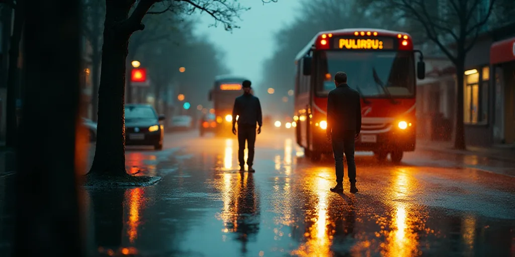 a couple of people standing in a flooded street next to a bus and a truck on a street with lights on