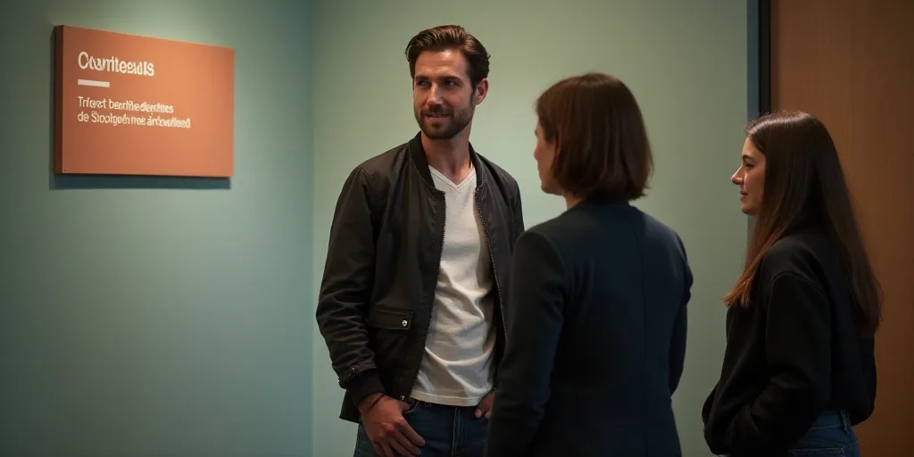 a couple of people standing next to each other in a room with a sign on the wall behind them, Colijn
