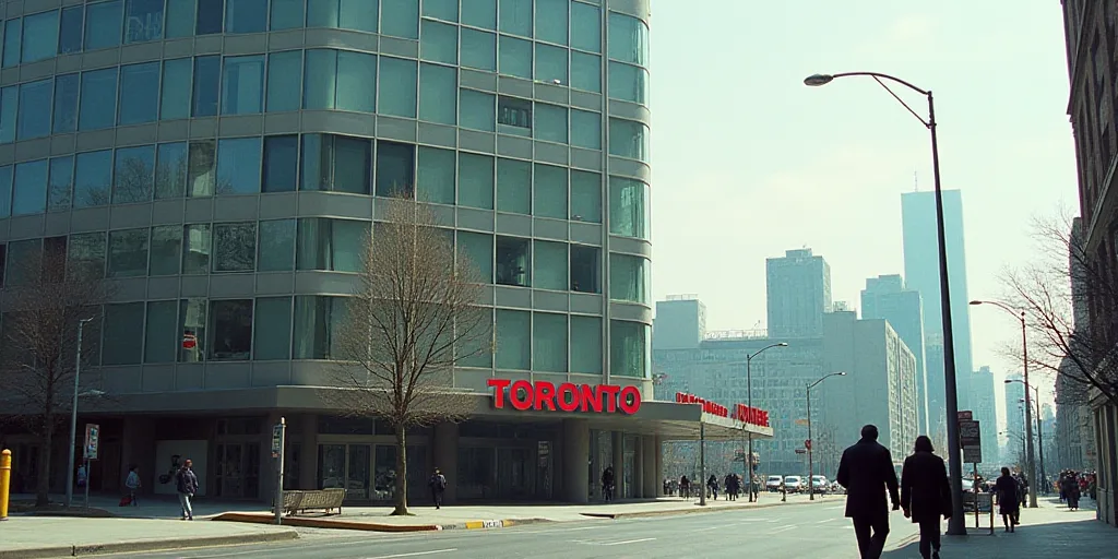 a couple of people walking down a street next to a tall building with a sign on it that says toronto