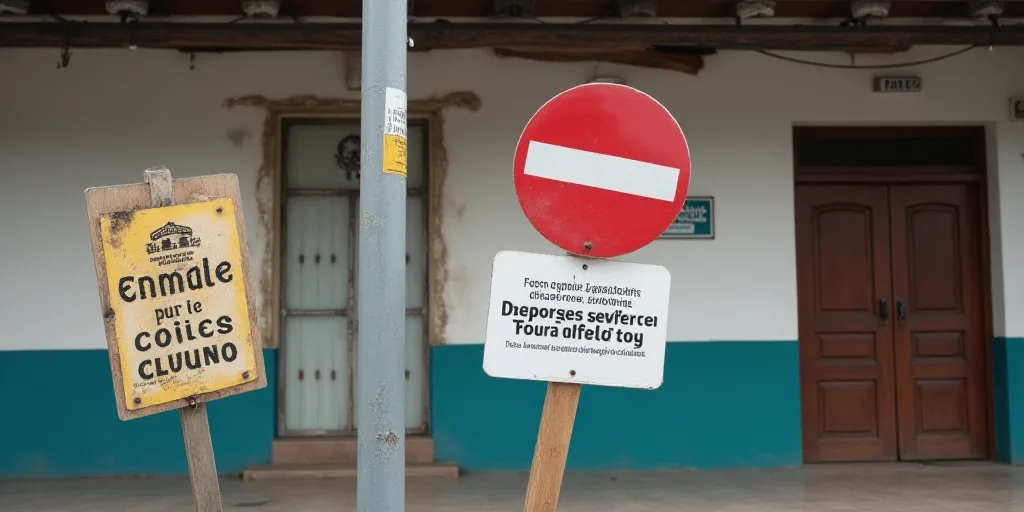 a couple of signs on a pole in front of a building with closed doors and a sign that says,, Aníbal