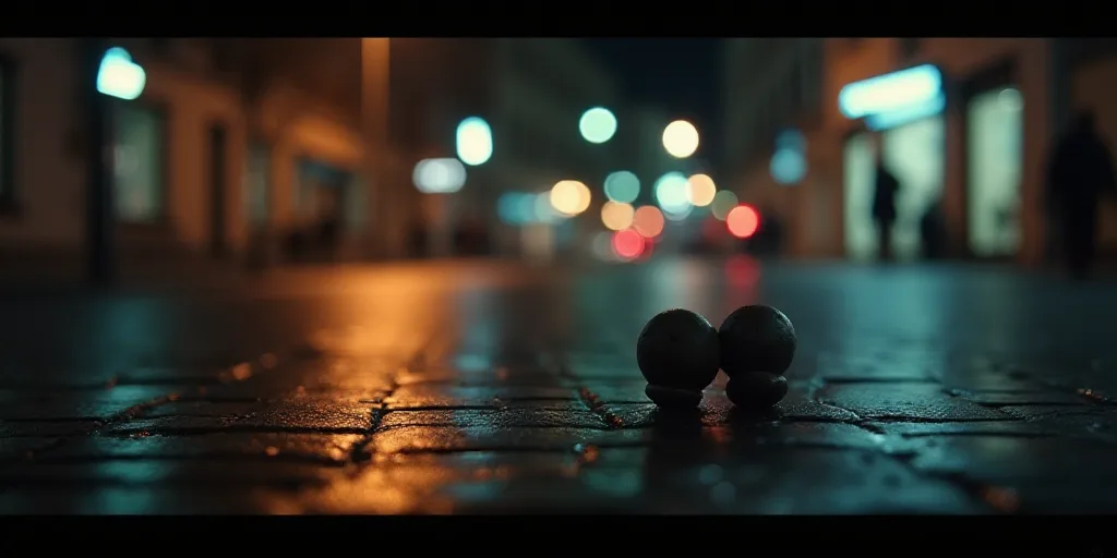 a couple of small objects on the ground in the street at night time with lights in the background an