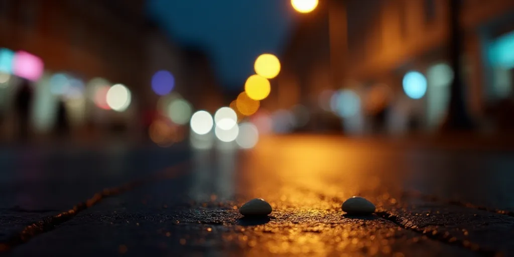 a couple of small objects on the ground in the street at night time with lights in the background an