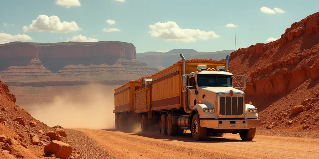 a couple of trucks are parked in front of a mountain side road with a large pile of dirt behind them