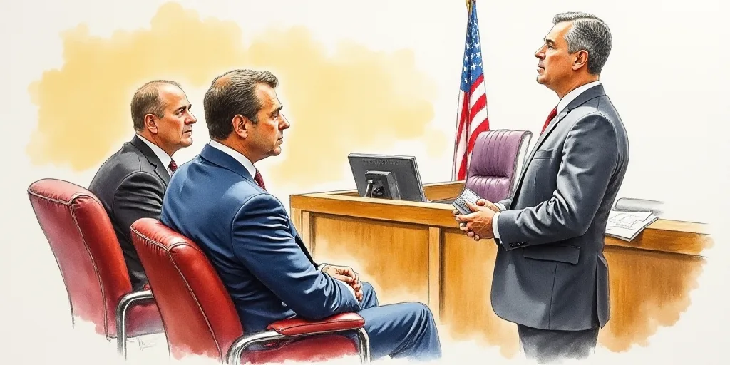 a courtroom drawing of two men sitting in chairs and one standing in front of a desk with a monitor,