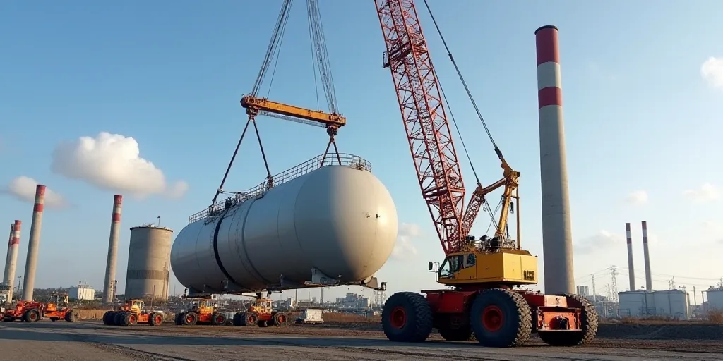 a crane is lifting a large tank into place to be used as a fuel storage unit for a power plant, Aqui