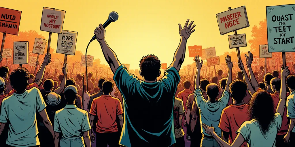 a crowd of people holding signs and signs in the air with a man holding a microphone in his hand, Ar