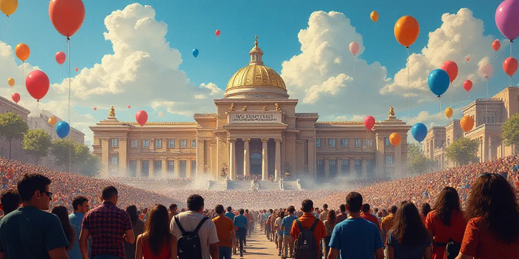 a crowd of people standing around a convention hall with balloons in the air and a sign that says be