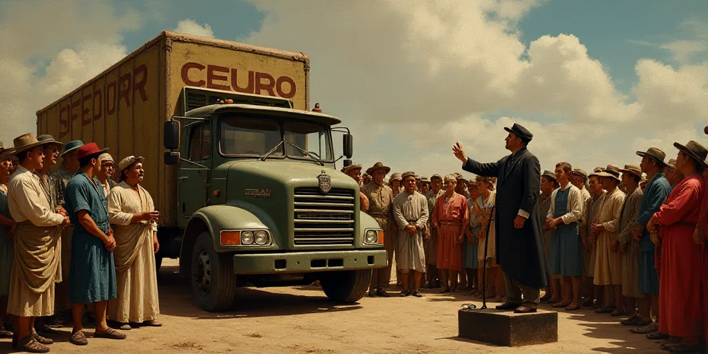 a crowd of people standing around a truck with a man speaking to them on a stage with a microphone,