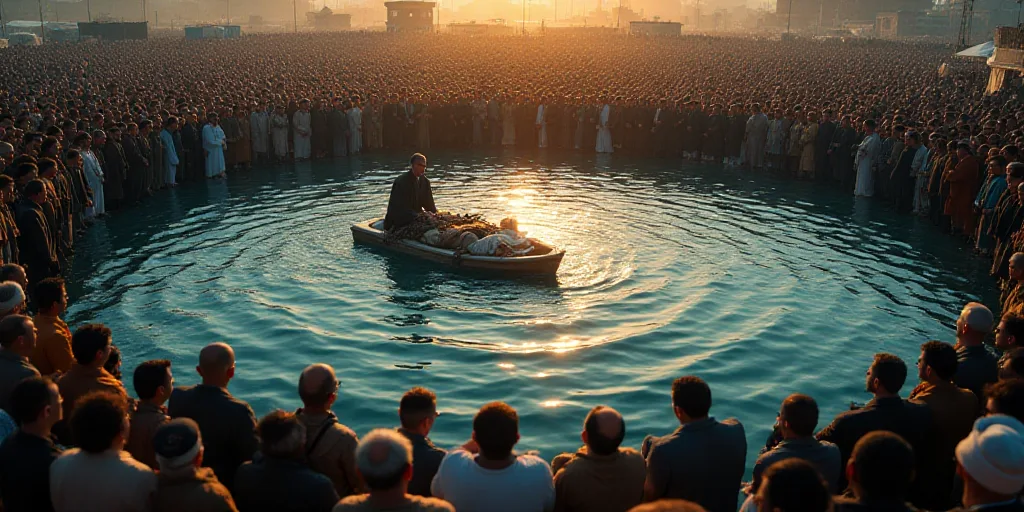 a crowd of people standing around a man laying on top of a body of water in front of a crowd, Fathi