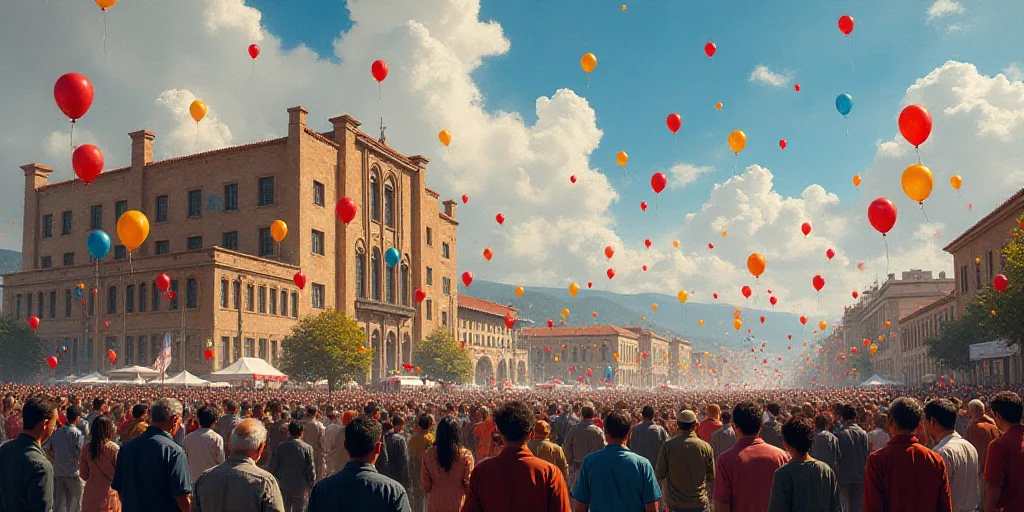 a crowd of people standing around a convention hall with balloons in the air and a sign that says be